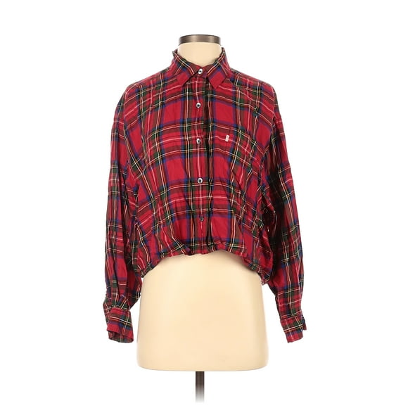 Levi's Women's Selah Shirt Small Red Plaid Flannel Cropped Button Up Long Sleeve
